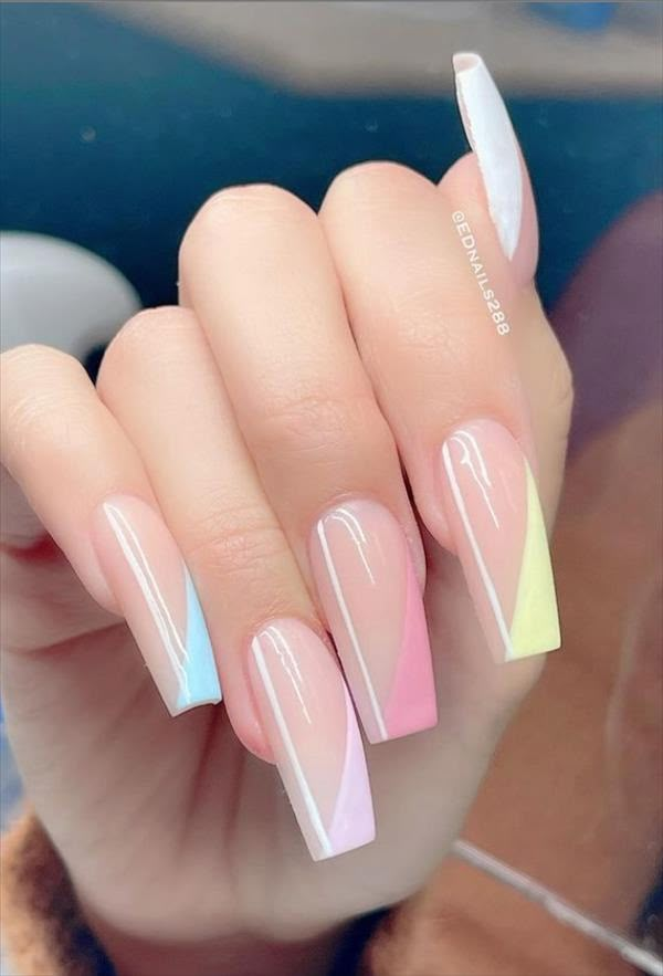 Cross Design Long Nails Pink White Yellow Blue