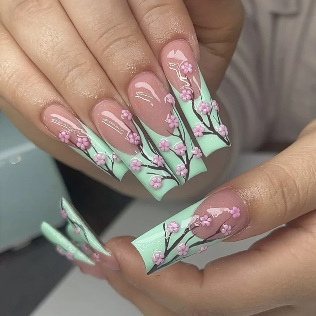 Long Spring Blossom Nails with 3D Decals 