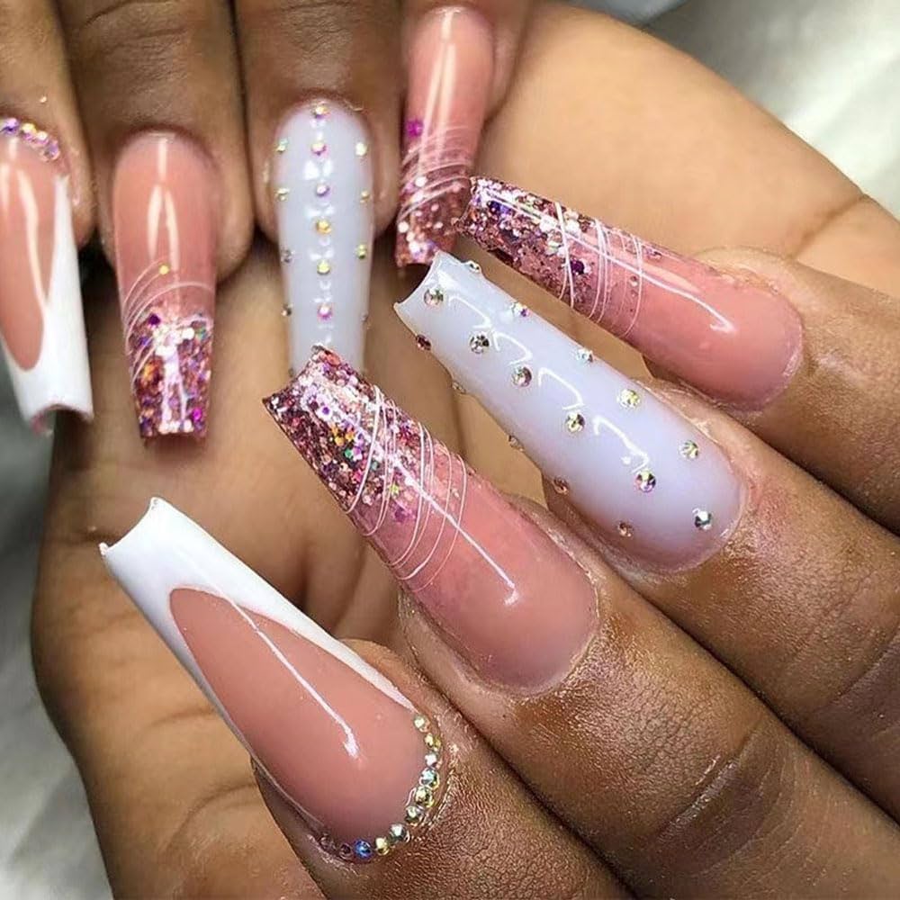 Trendy Spring Coffin Nail Ideas Pastel Ombre - French Tips with Rhinestones 