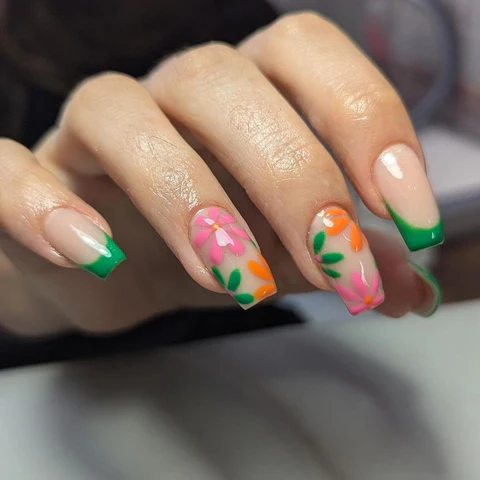 Bloom Nails Floral Design Green Orange and Pink