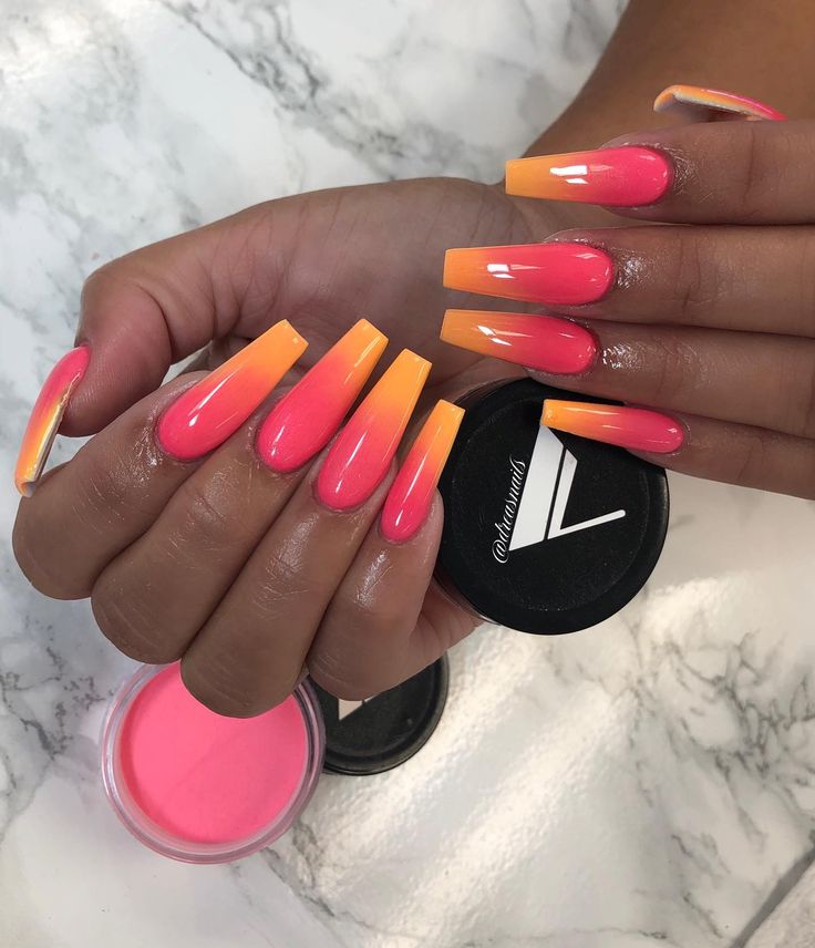 Ombre Orange and Pink Long Nails