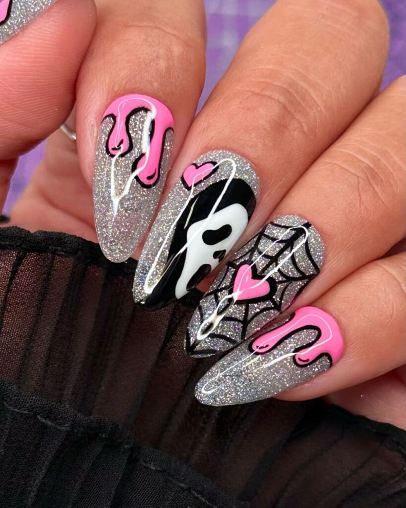 Glitter Scary movie Nails Black Pink and Silver 