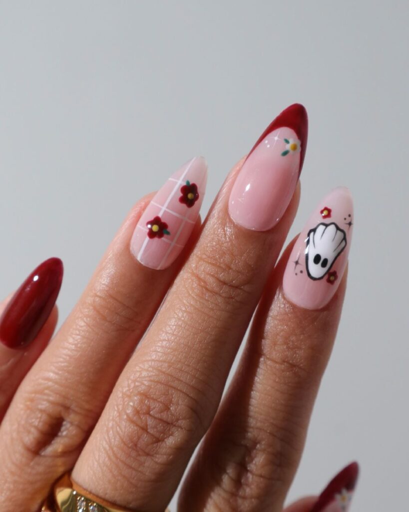 Spooky-Chic Red & White Ghost Halloween Press-On Nails