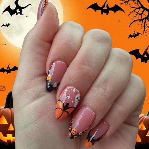 Halloween Press on Nails Medium Almond Fake Nails with Pumpkin Little Ghost