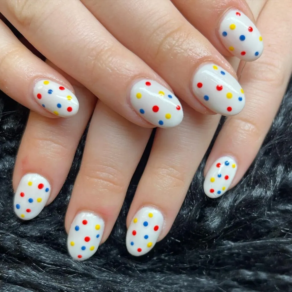 40 Best Cute Polka Dot Nail Designs to Try 39 40 Best Cute Polka Dot Nails Designs Ideas to Try out - Polka dots will never go out of style Minimal dots polka dot design nails with red blue green dots 40 Best Cute Polka Dot Nail Designs to Try