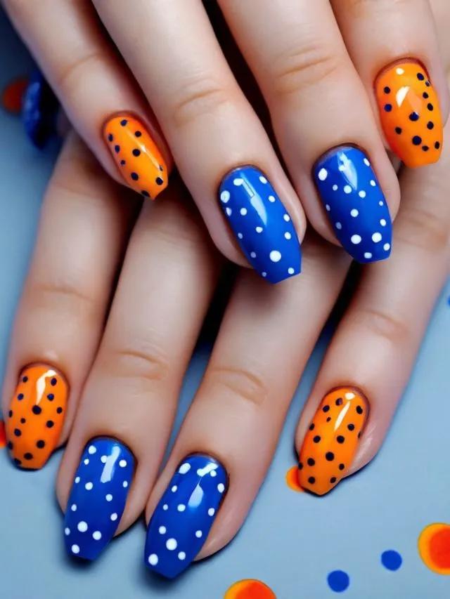 40 Best Cute Polka Dot Nail Designs to Try 44 40 Best Cute Polka Dot Nails Designs Ideas to Try out - Polka dots will never go out of style blue and orange nail designs 1 40 Best Cute Polka Dot Nail Designs to Try