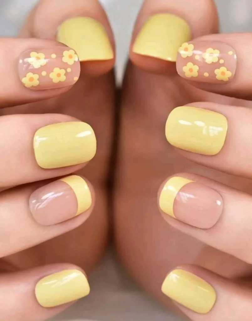Floral Short Yellow Nails Spring Design