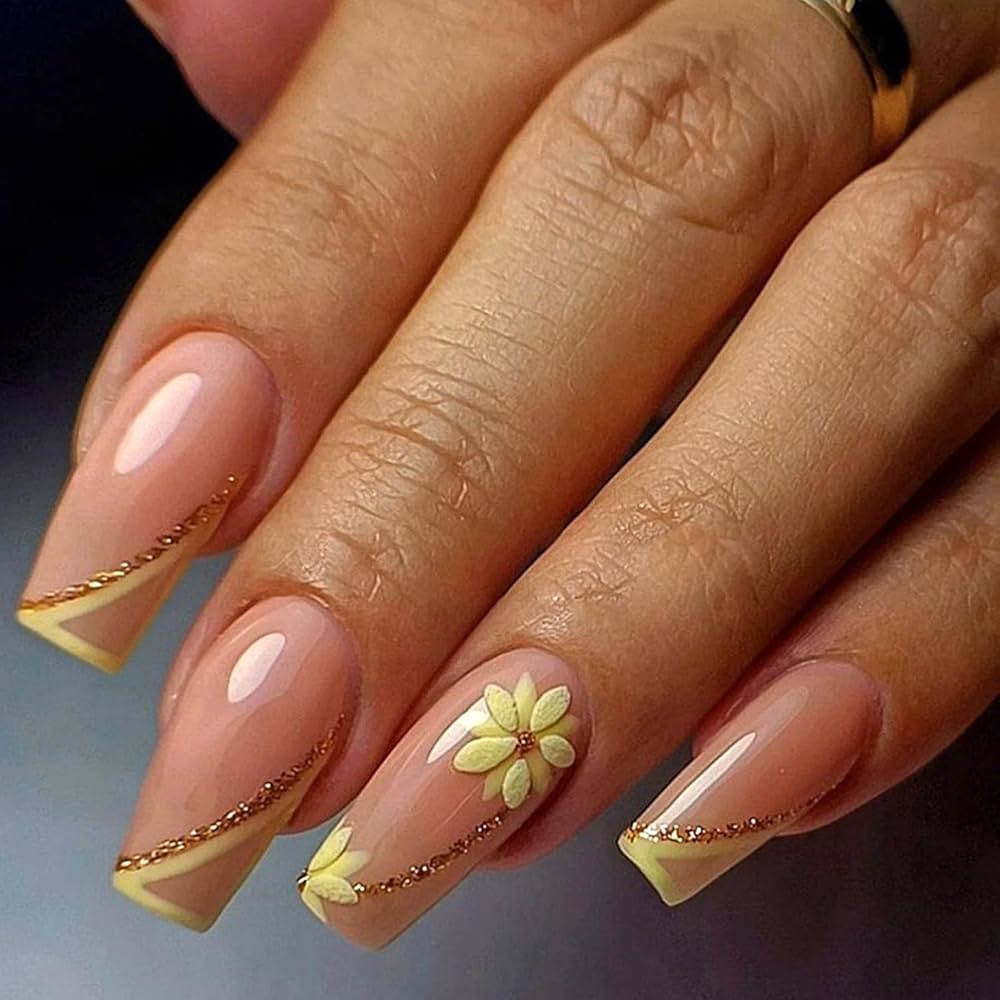 Yellow Coffin Nails with Design 