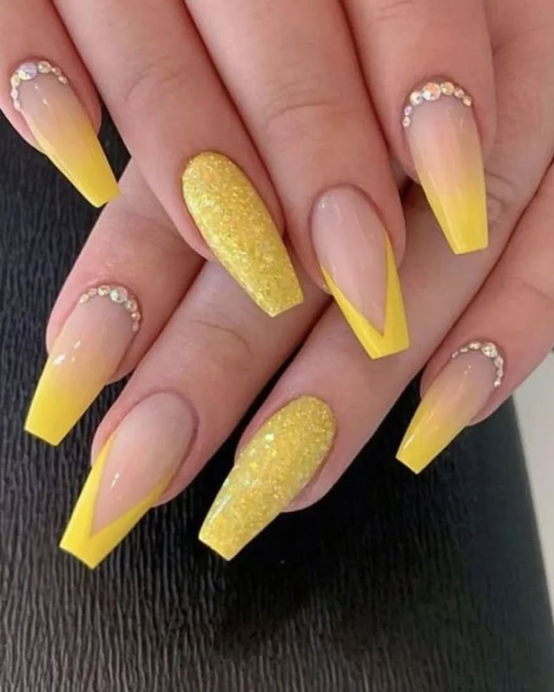 Rhinestone Glitter French tip Ombre Nails