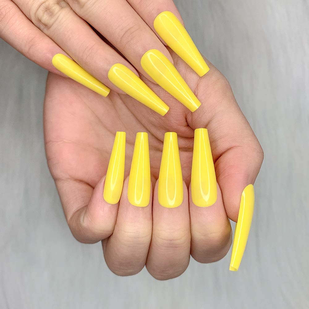 Yellow Pure Color Ballerina Long Coffin Glossy Fake Nails Yellow Coffin Nails for Spring