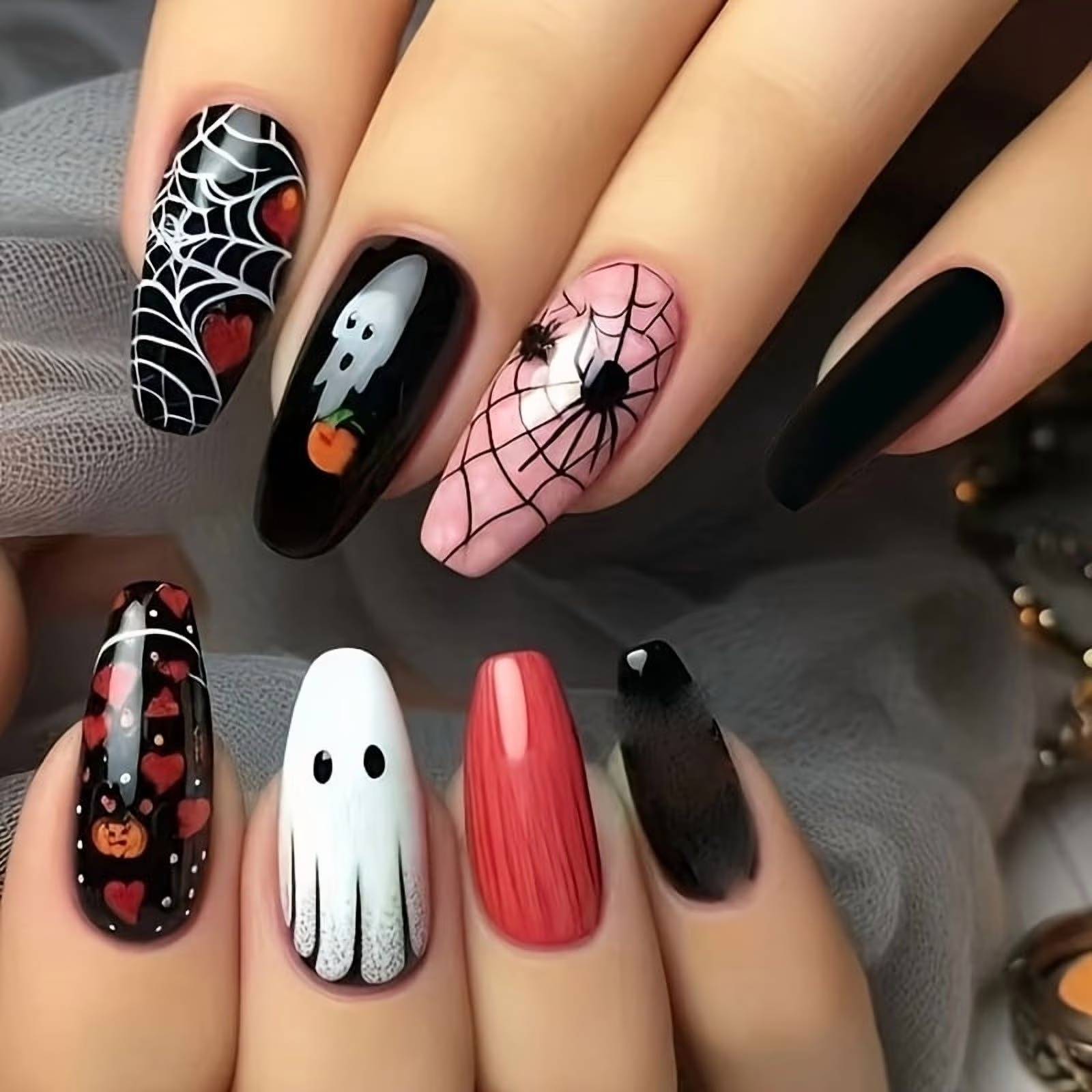 Almond Shaped Nail, Fake Nail, Pink And White Ghost Design Ghost Nail Art