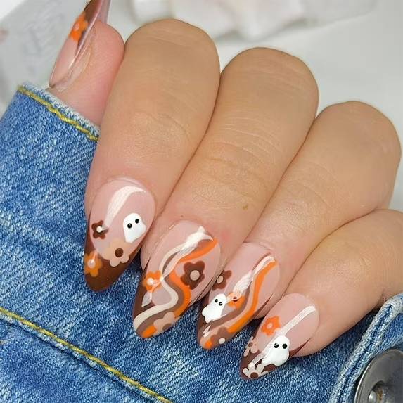 Orange Brown Ghost Design, Charming Acrylic Nails, Suitable For Girls And Ladies For Halloween