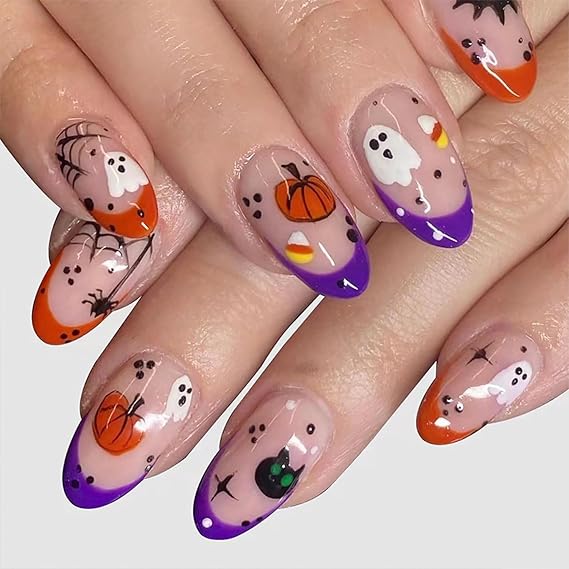 Pumpkin Cute Ghost Glossy False Nails Design