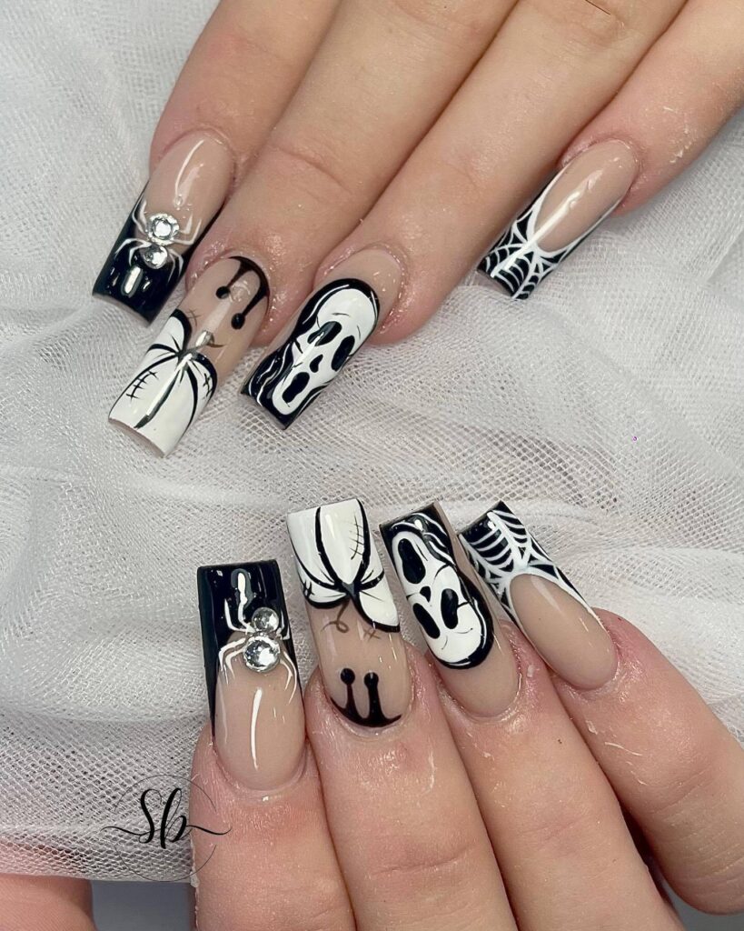 Black and white creepy spider ghost design
