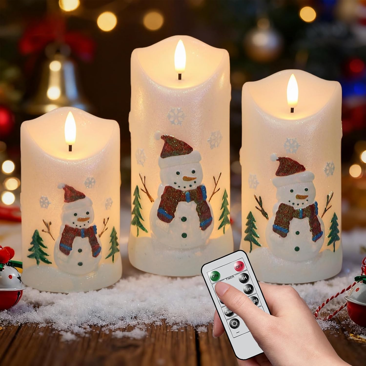 Snowman Flameless Candles Battery Operated with Remote and Timer Real Wax 3D Wick Flickering LED Pillar Candles Color Painted Carved Snowflake Christmas Decoration Idea for Home