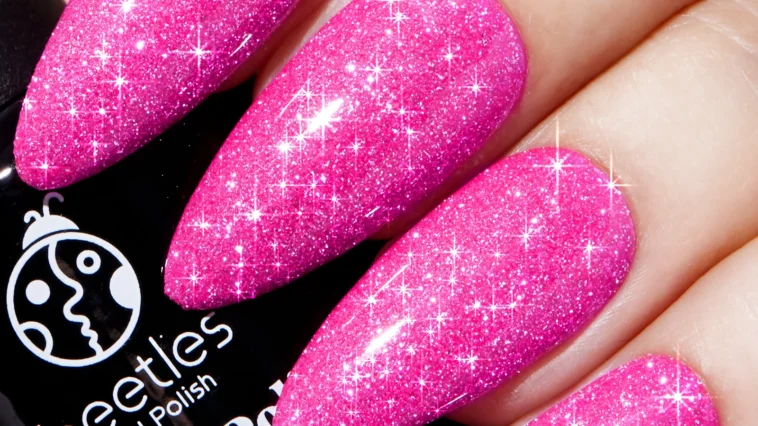 Bright Pink Nails With Glitter 