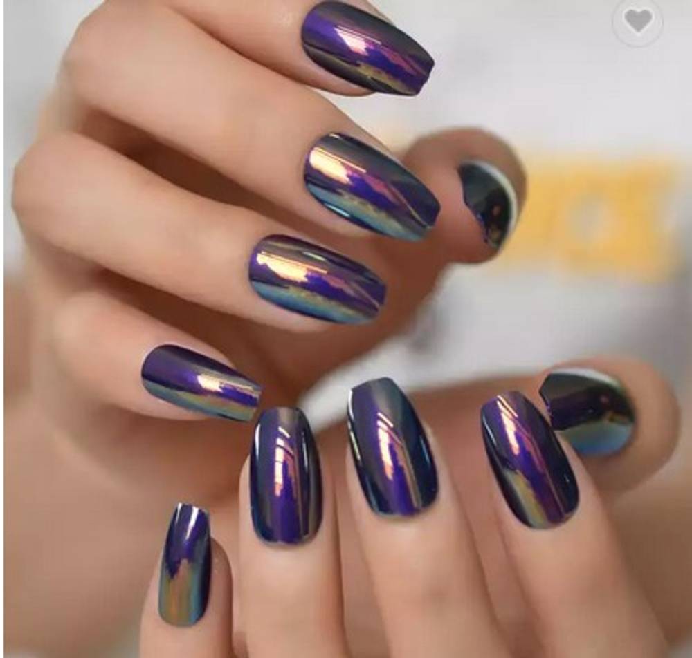 Shiny Purple Holographic Fake Manicure