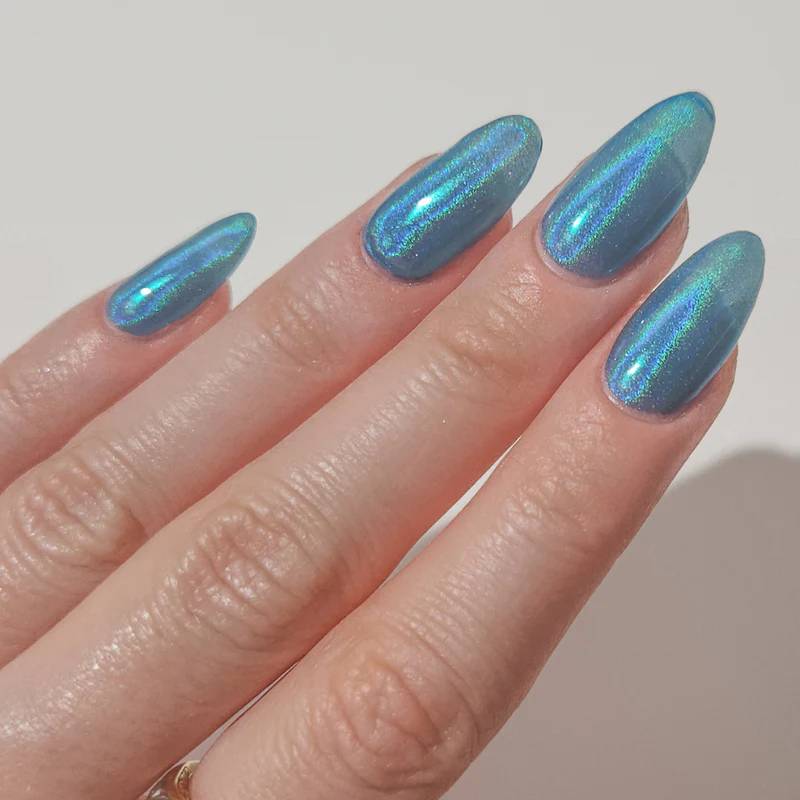 Blue Holographic Ocean Whate Color Nails Design