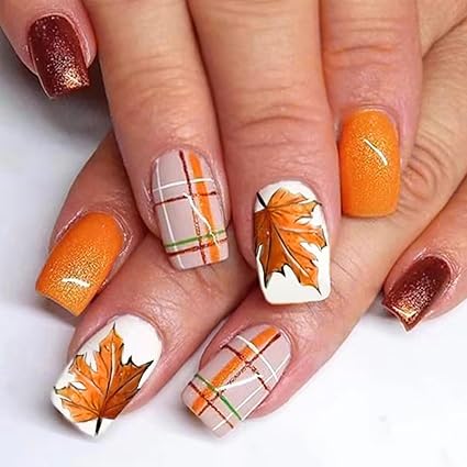 Medium Square Fake Nails Autumn Maple Leaf False Nails Orange Glitter Plaid