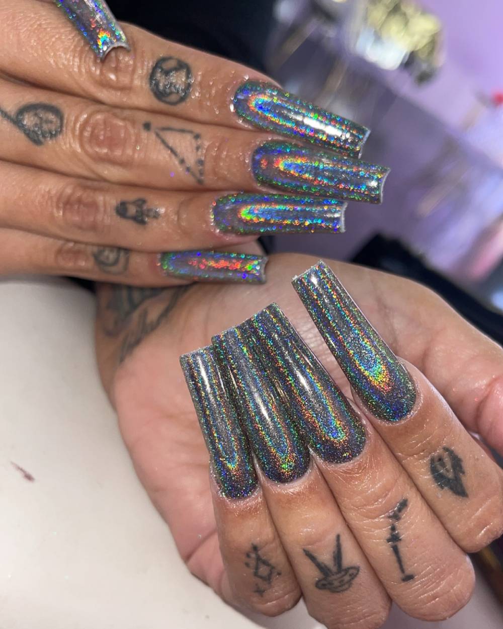Long Silver Hue Holographic Nail Ideas