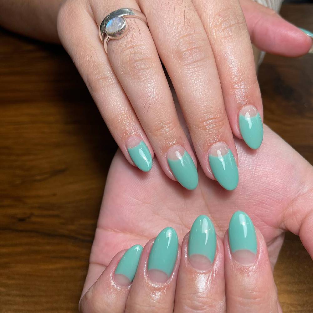 Stunning Green Oval Shape Half Moon Nails