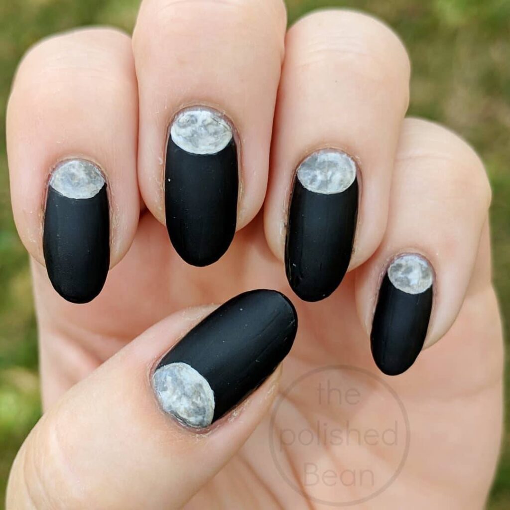 Matte Black with silver Half Moon Nails