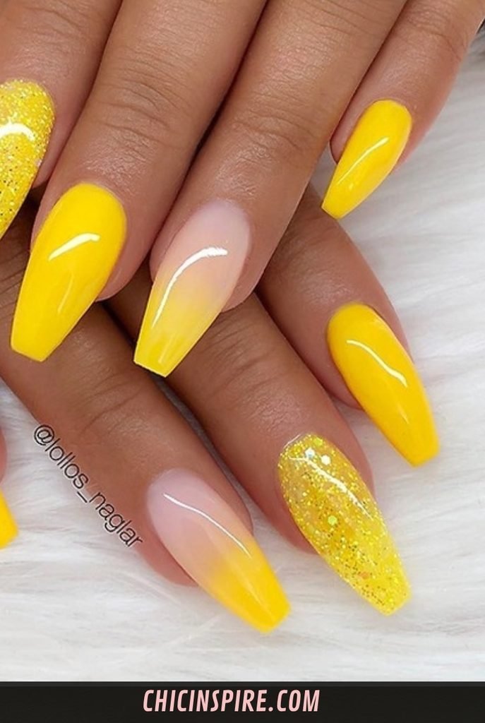 Yellow Glitter Nails