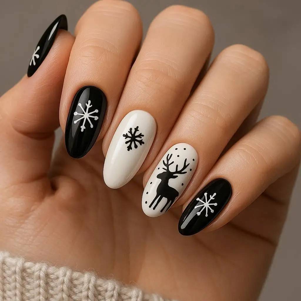 Black & White Reindeer Nails