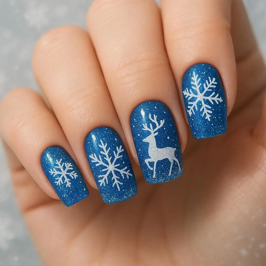 Blue Snowflake Reindeer Nails