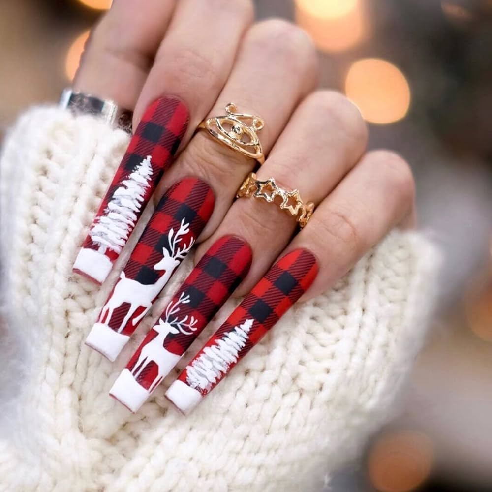 Reindeer Nails Design Buffalo Check Reindeer Nails
