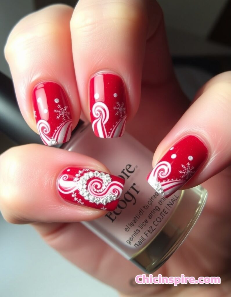Candy Cane Ice Red Christmas Nails Design