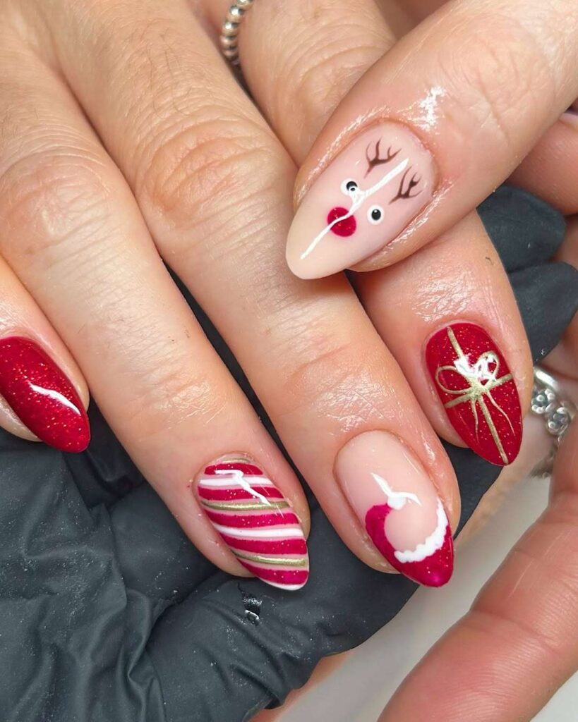Candy Cane Reindeer Wraps nails