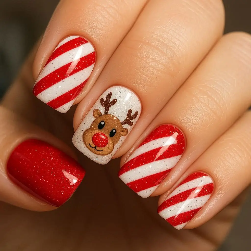 Candy Cane Rudolph Nails
