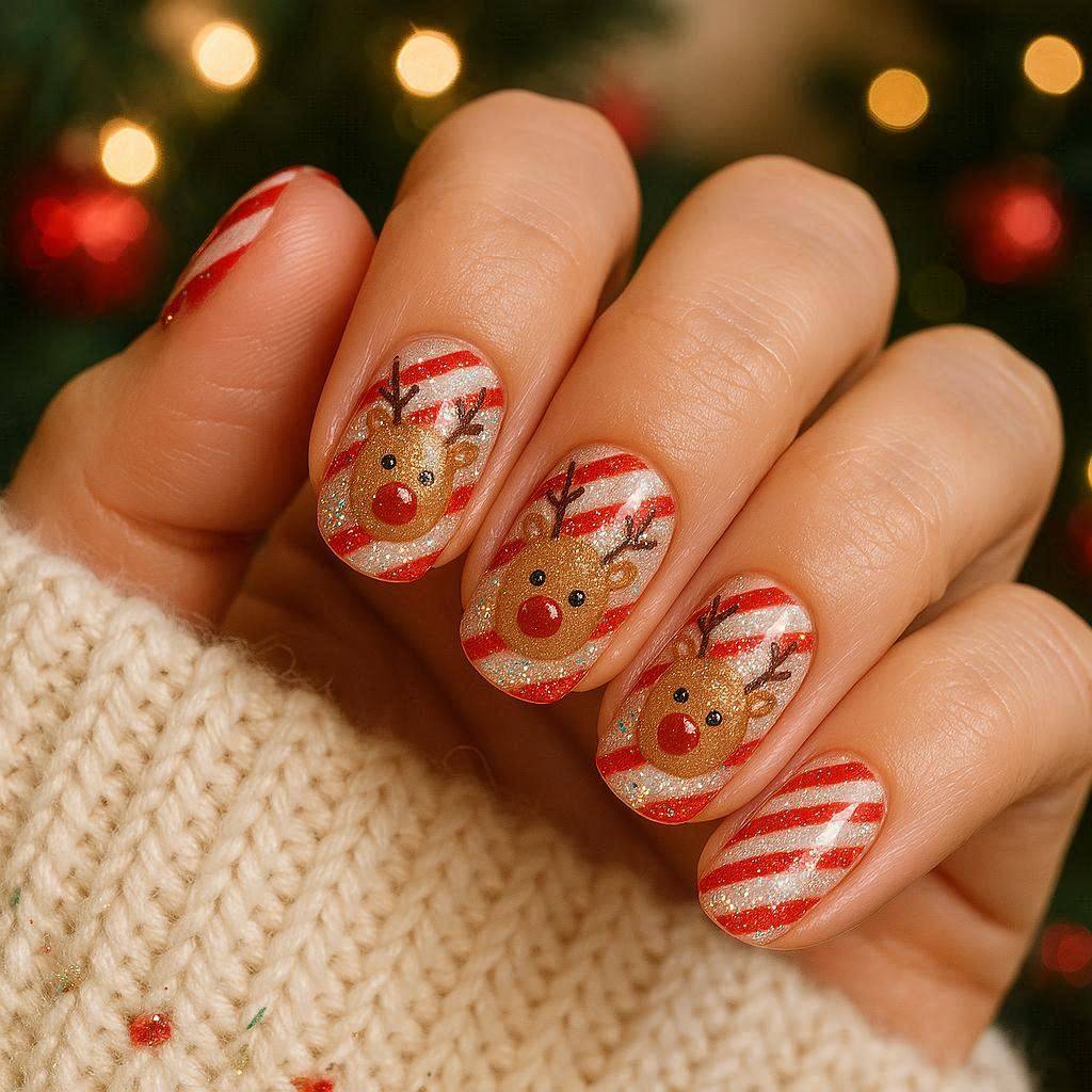 Candy Stripe Reindeer Nails