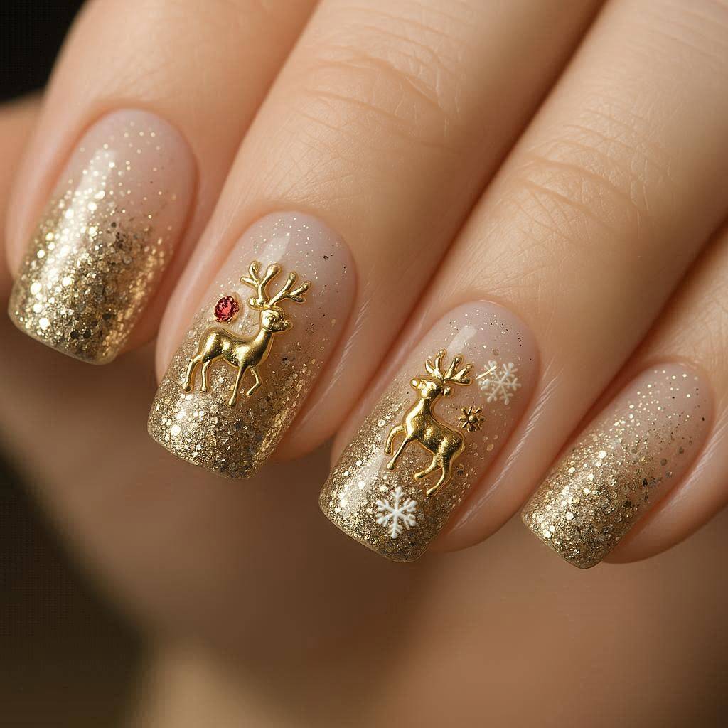 Glitter Ombre Reindeer Nails
