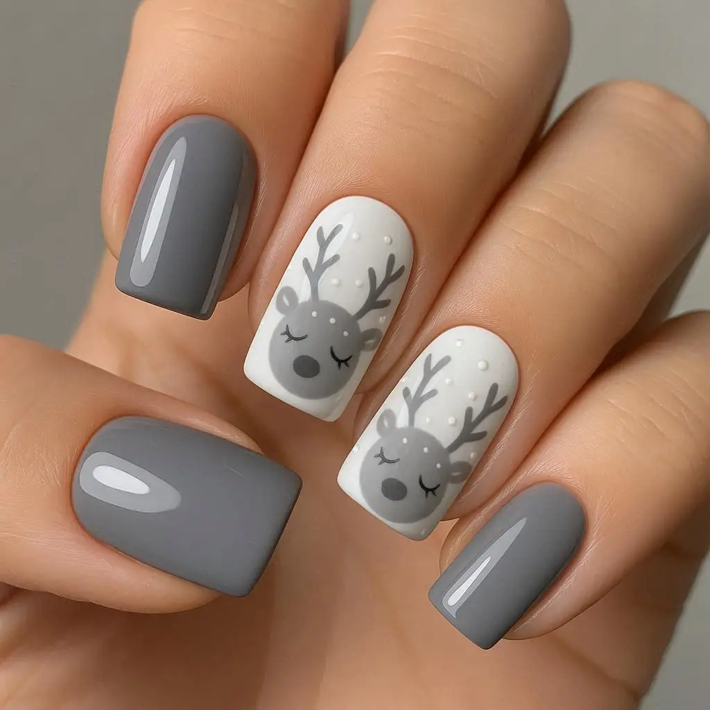 Gray & White Reindeer Nails