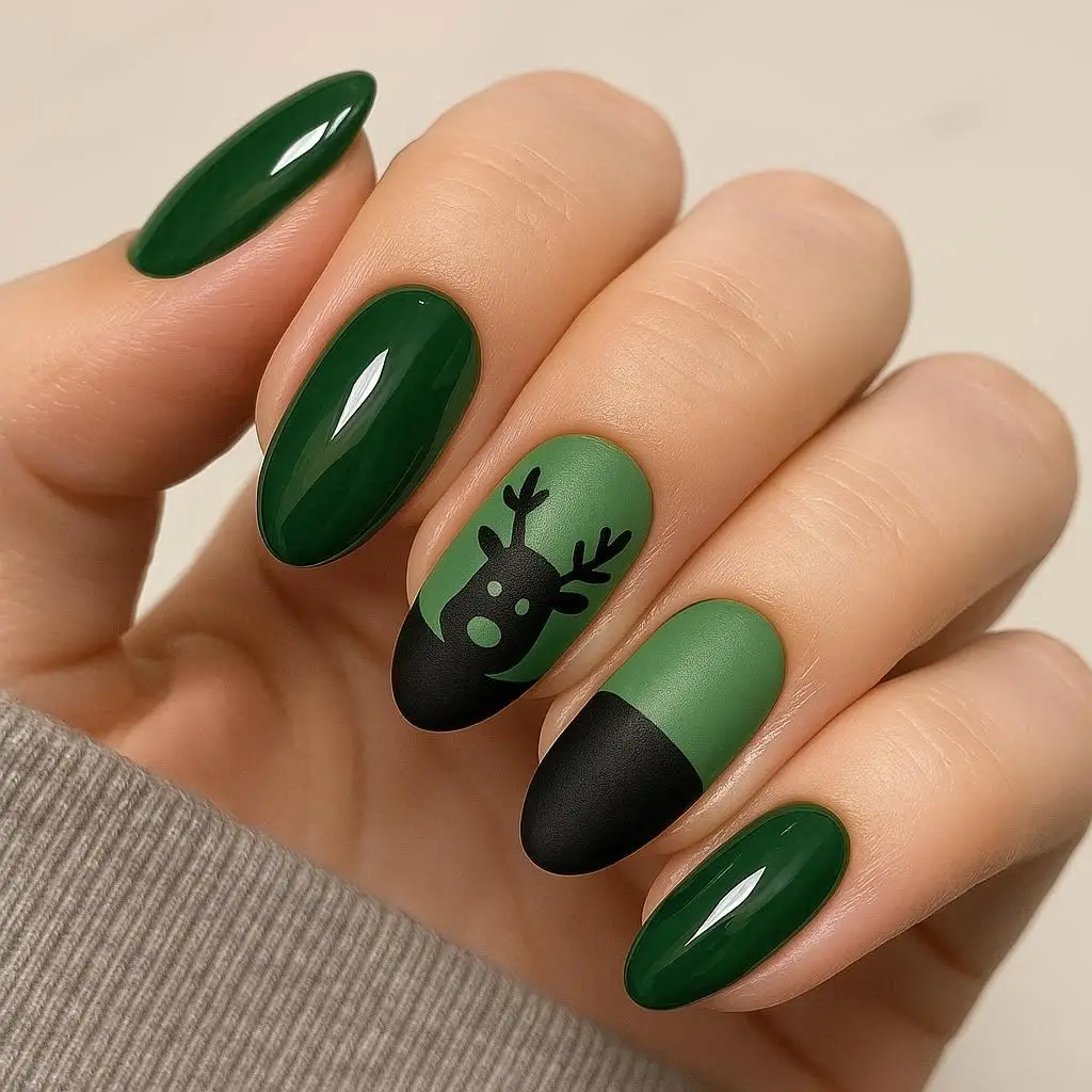 Green & Black Reindeer Nails