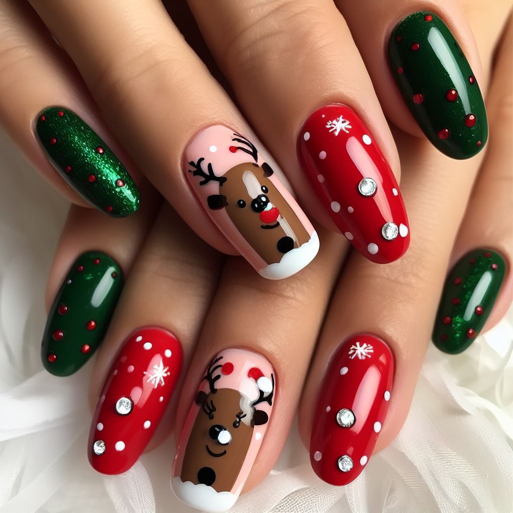 Green & Pink Reindeer Nails