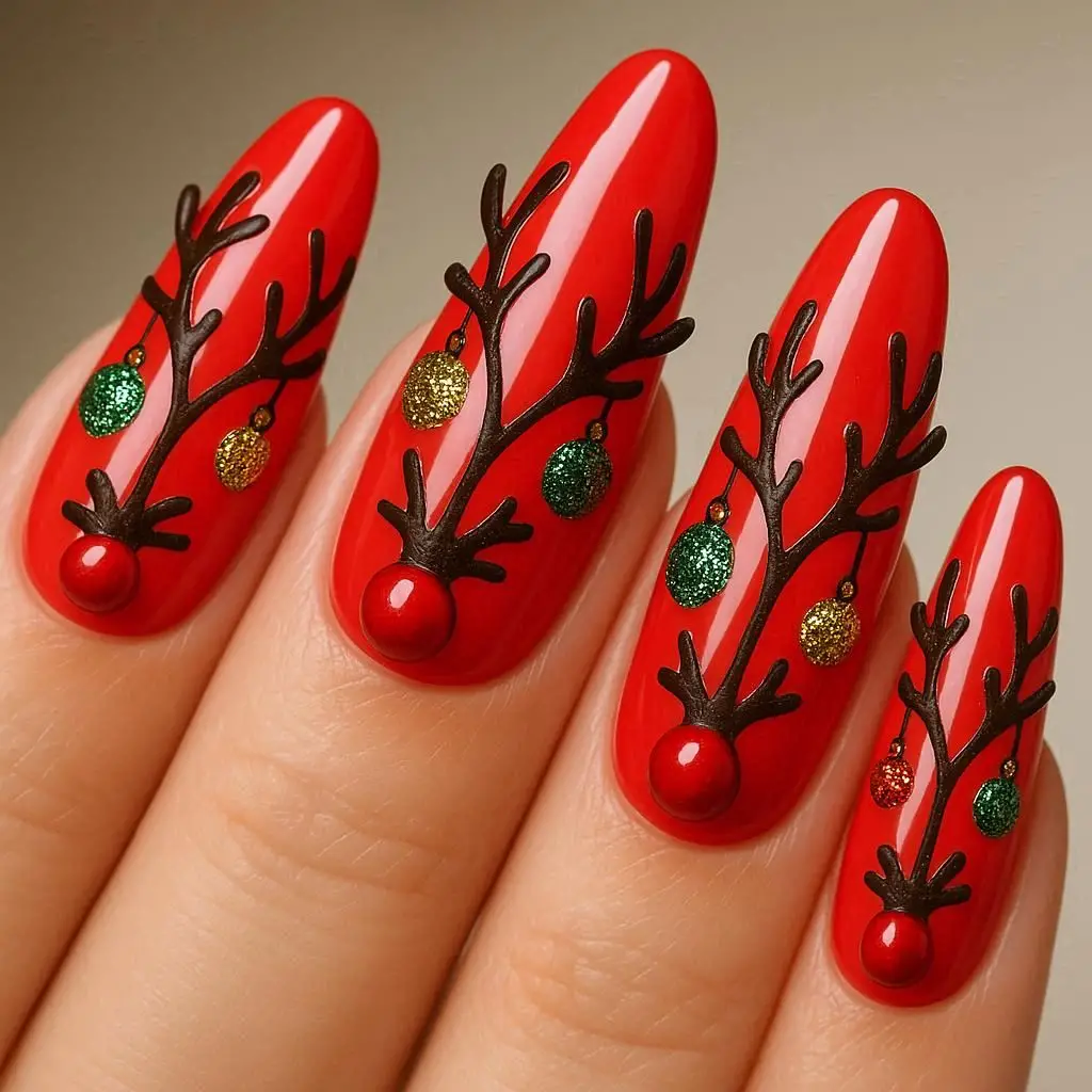 Long Red Nose Reindeer Nails