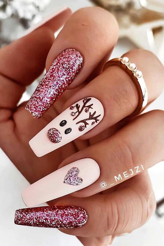 Pink Snowflake Reindeer Nails