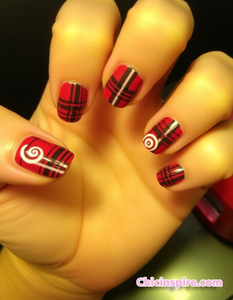 Plaid Swirl Red Christmas Nails Design