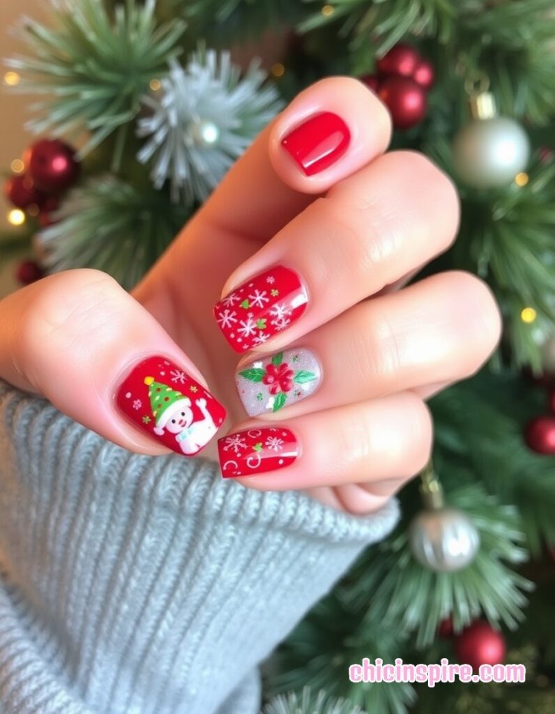 Red Christmas Nails with Snowflake and Snowman