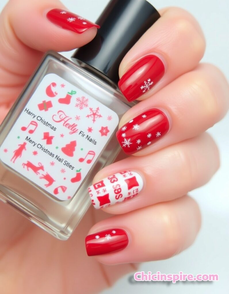 Red Christmas Nails with snowflakes design
