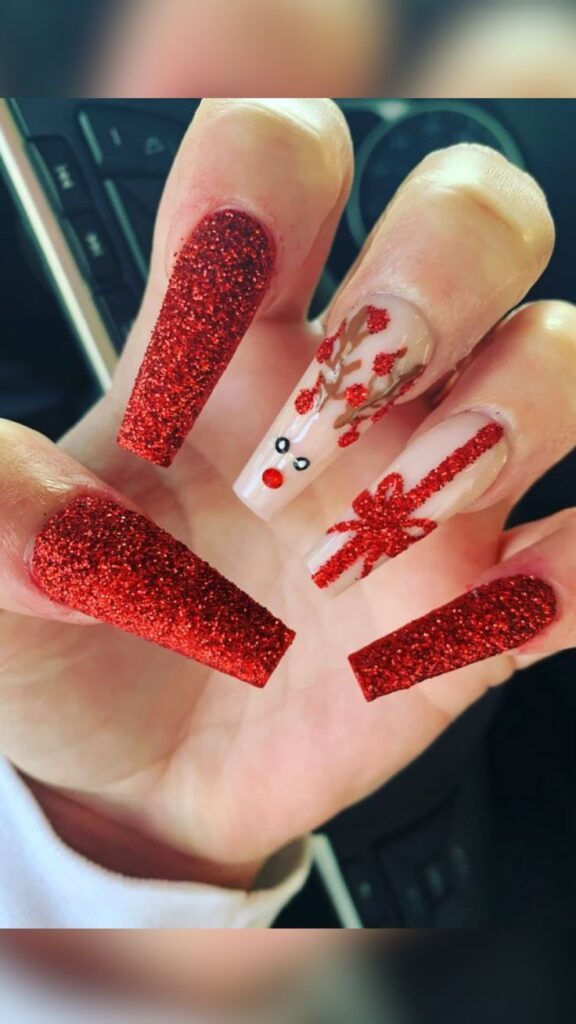 Red Glitter Rudolph Nails