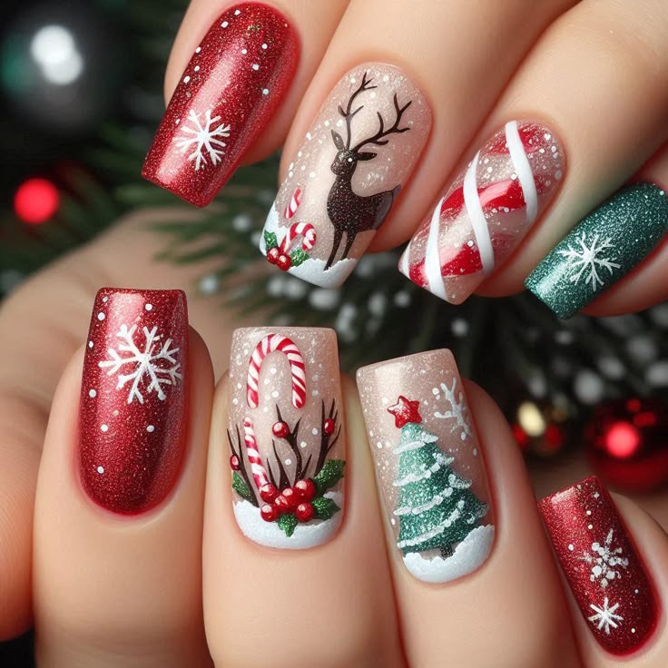 Red & Gold Festive Reindeer Nails