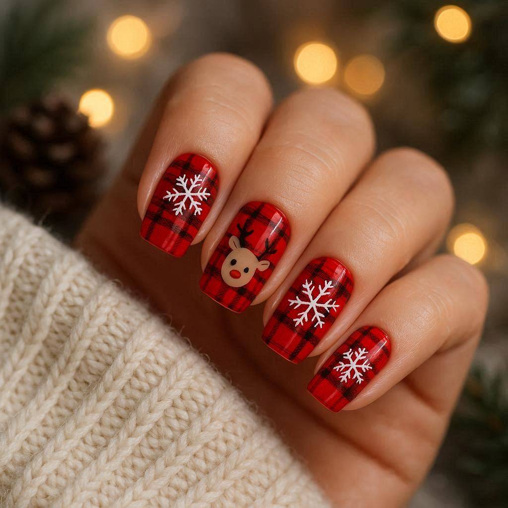 Red Plaid Rudolph Nails