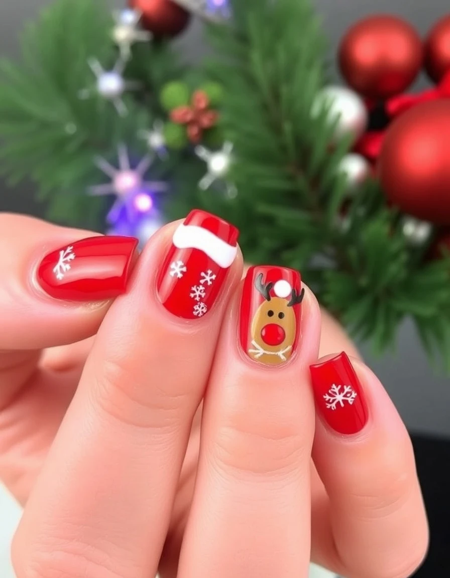 Short Red nails with Santa Hat Reindeer Snowflake Nails