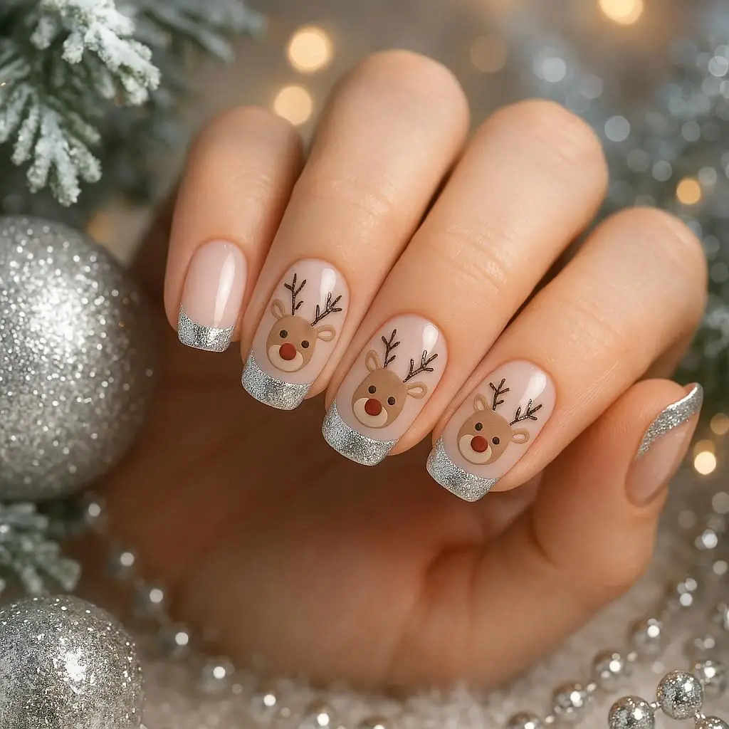 Silver French Tip Reindeer Nails