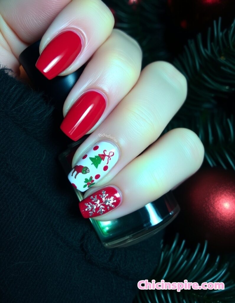 Silver Red Festive Nails Design Inspo