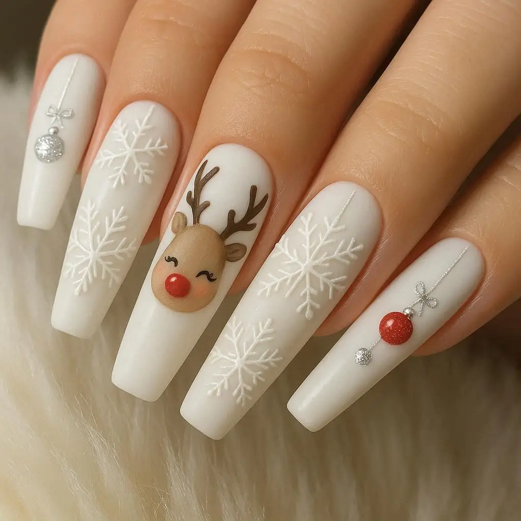 White Long Reindeer Nails